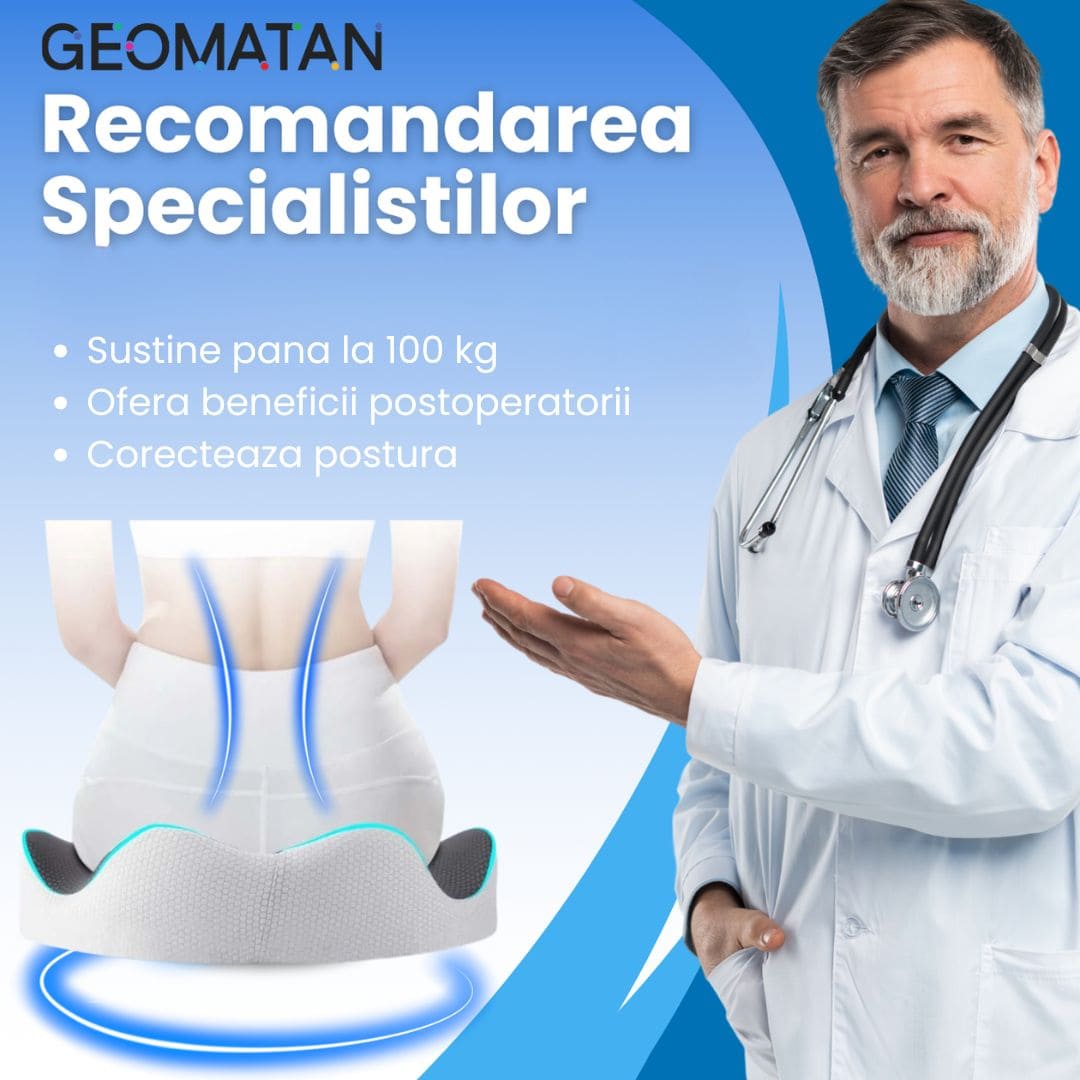 Pernă ortopedică șezut GEOMATAN®, cu suport complet, până la 100 kg, din spumă cu memorie Premim, pentru scaun birou / mașină, confort Coccis, Husă respirabilă și antialunecare, zona Lombară, Sciatică, Dureri de sold, Hemoroizi, 42x36x7/11cm - imagine 3