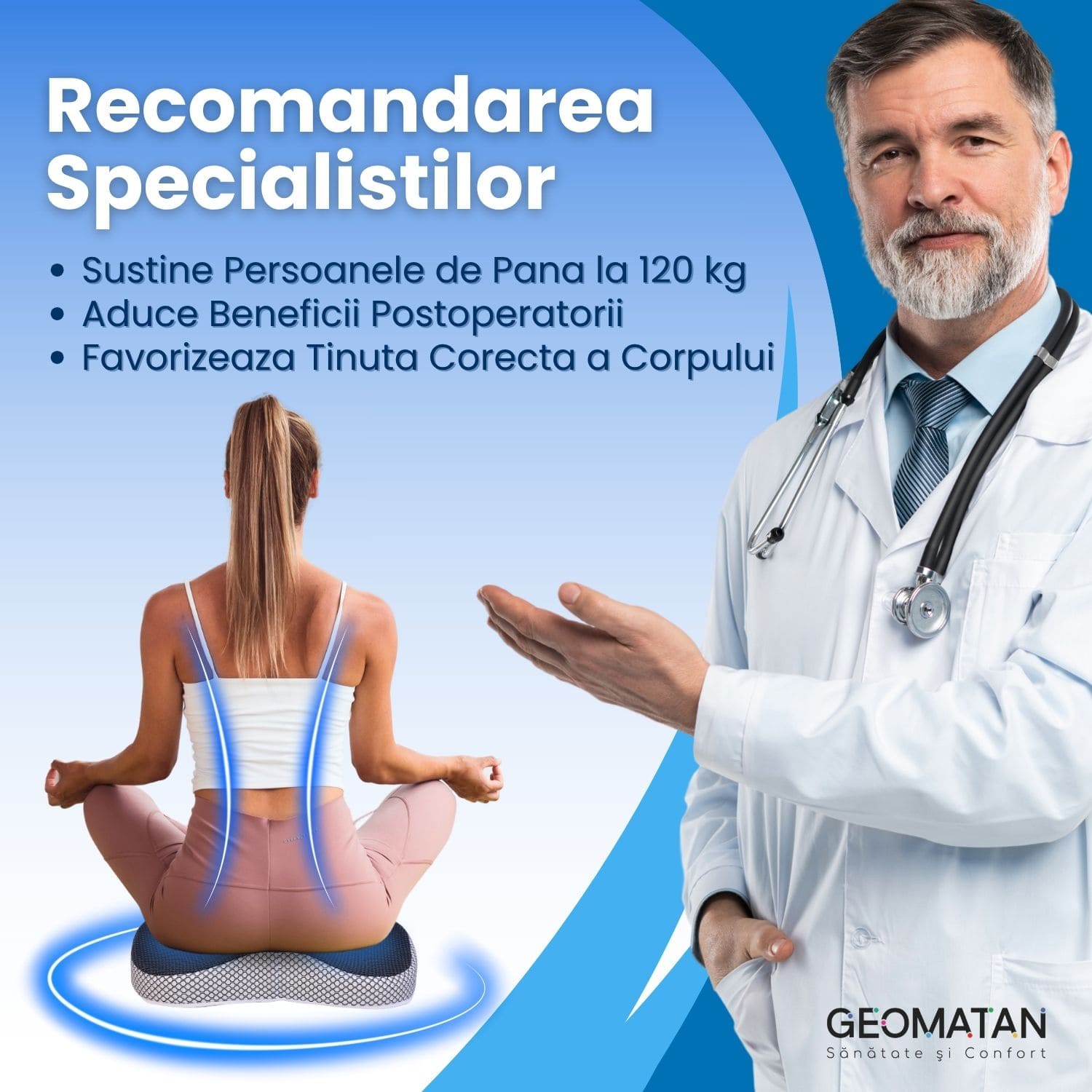Pernă ortopedică șezut GEOMATAN®, Spumă cu memorie Premium, pentru scaun de birou sau mașină, confort Coccis, Husă respirabilă și antialunecare, zona Lombară, Sciatică, Dureri de sold, Hemoroizi, până la 120 kg, 46x38x8 cm, Gri cenușiu - imagine 4