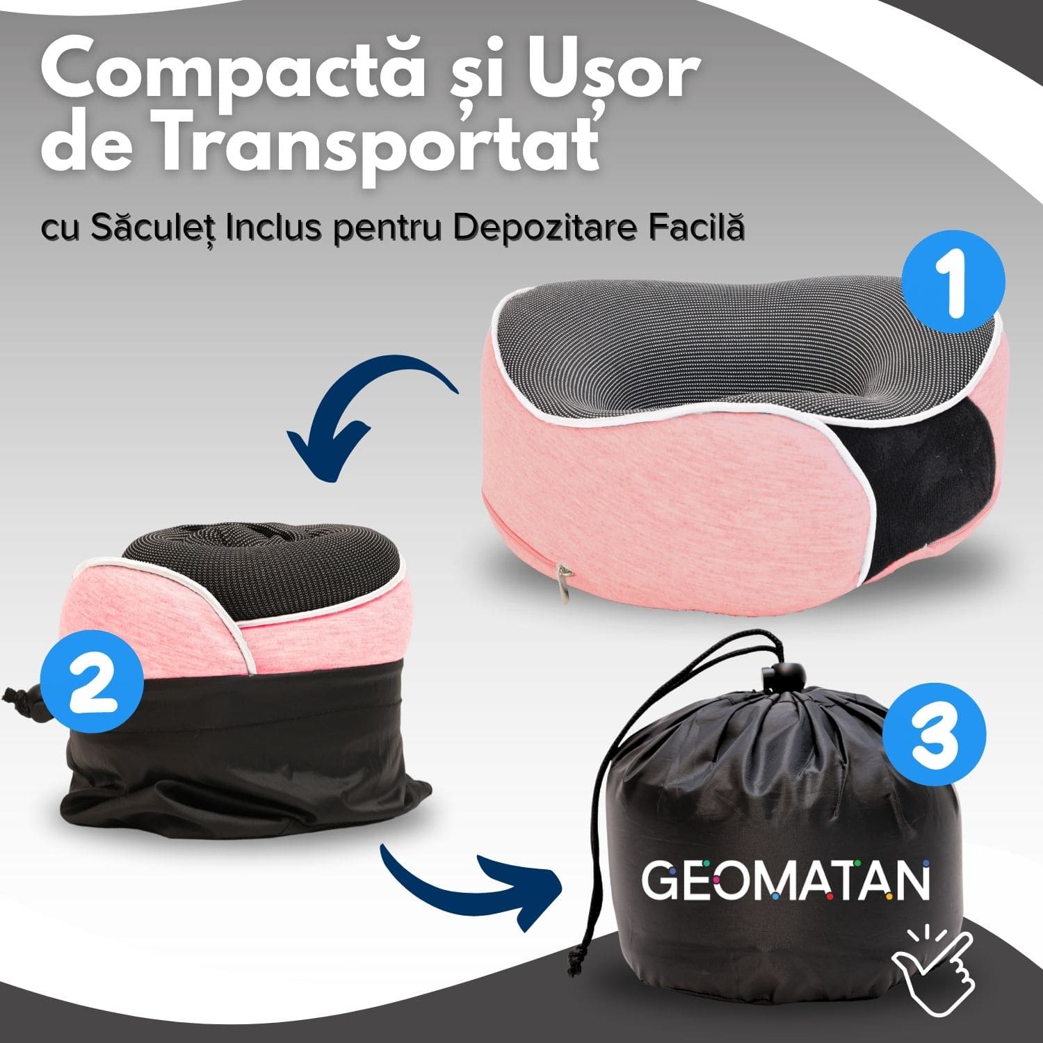 Perna de călătorie pentru gât, Cadou 3 accesorii, Sac de transport impermeabil, Dopuri de urechi, Mască de dormit 3D, utilă în Avion și Mașină, din Spumă cu memorie, Husă respirabilă, Alungă durerea cervicală, Mărime ajustabilă - imagine 4