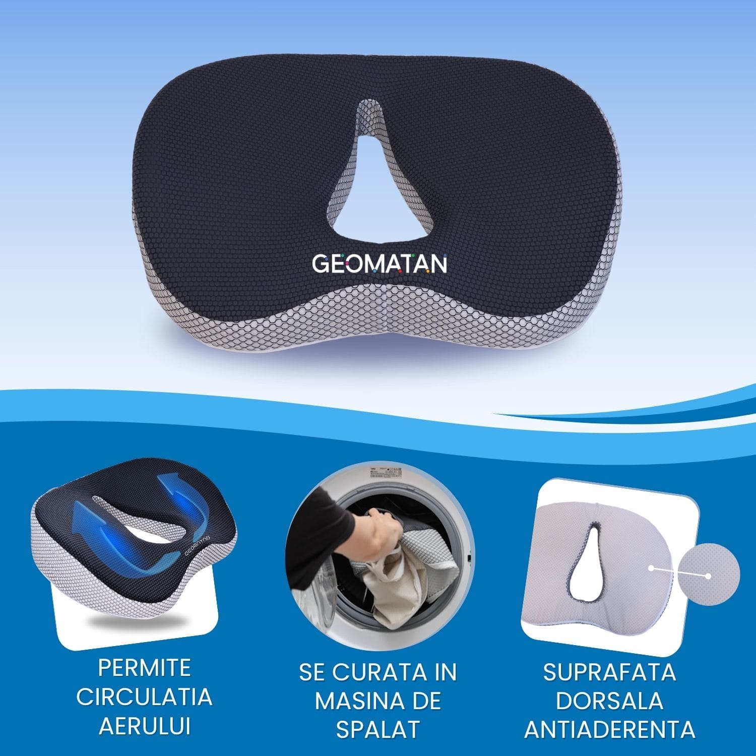 Pernă ortopedică șezut GEOMATAN®, Spumă cu memorie Premium, pentru scaun de birou sau mașină, confort Coccis, Husă respirabilă și antialunecare, zona Lombară, Sciatică, Dureri de sold, Hemoroizi, până la 120 kg, 46x38x8 cm, Gri cenușiu - imagine 5