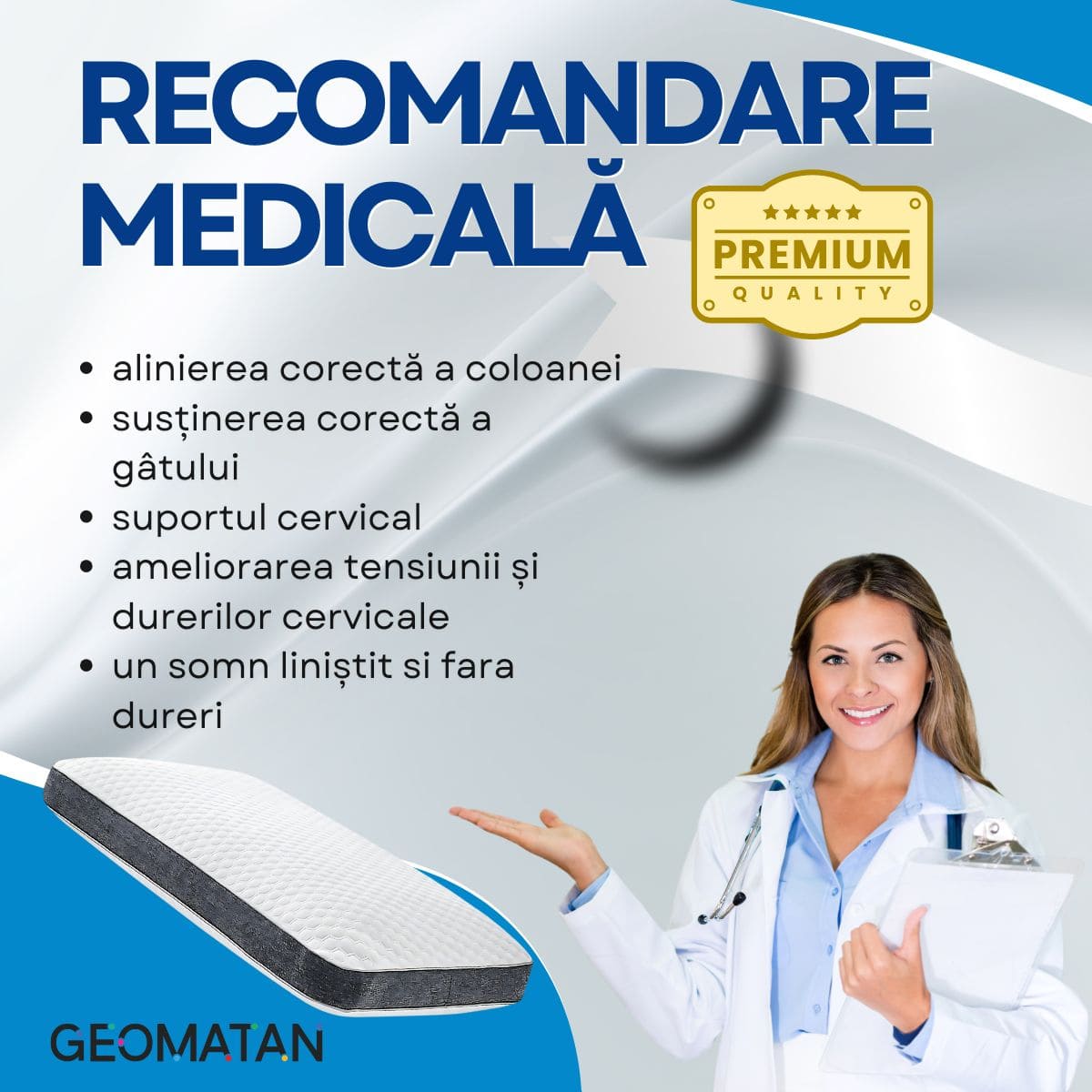 Pernă Ortopedică Premium, din Spumă cu Memorie, GEOMATAN®, Suport Ergonomic pentru Gât și Coloana, ideală pentru Alinierea Cervicală, Reducerea Durerilor și Tensiunii, Somn Odihnitor și Confortabil, Material Hipoalergenic, pentru Somn Fără Sforăit - imagine 2
