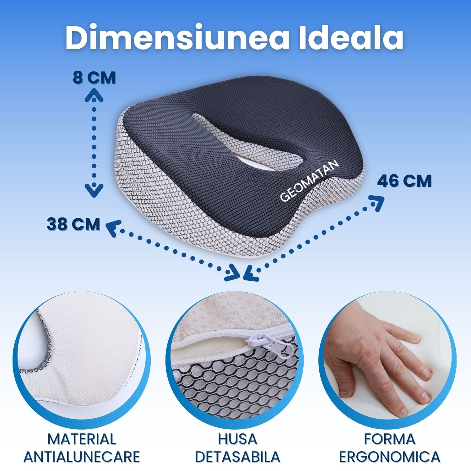 Pernă ortopedică șezut GEOMATAN®, Spumă cu memorie Premium, pentru scaun de birou sau mașină, confort Coccis, Husă respirabilă și antialunecare, zona Lombară, Sciatică, Dureri de sold, Hemoroizi, până la 120 kg, 46x38x8 cm, Gri cenușiu - imagine 6