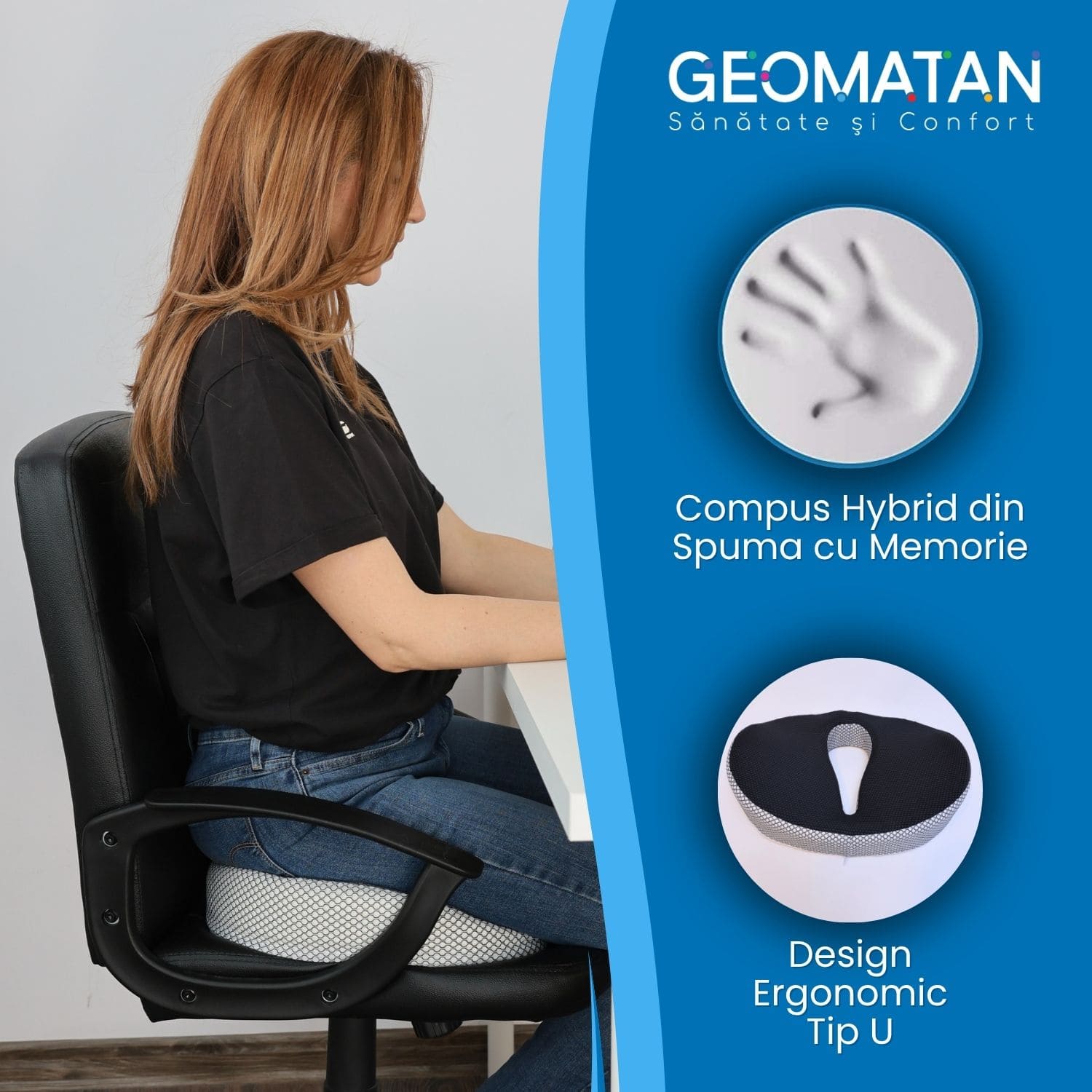 Pernă ortopedică șezut GEOMATAN®, Spumă cu memorie Premium, pentru scaun de birou sau mașină, confort Coccis, Husă respirabilă și antialunecare, zona Lombară, Sciatică, Dureri de sold, Hemoroizi, până la 120 kg, 46x38x8 cm, Gri cenușiu - imagine 8