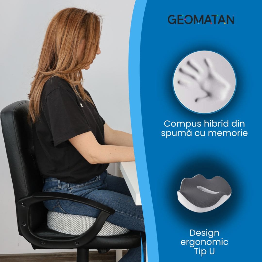 Pernă ortopedică șezut GEOMATAN®, cu suport complet, până la 100 kg, din spumă cu memorie Premim, pentru scaun birou / mașină, confort Coccis, Husă respirabilă și antialunecare, zona Lombară, Sciatică, Dureri de sold, Hemoroizi, 42x36x7/11cm - imagine 7