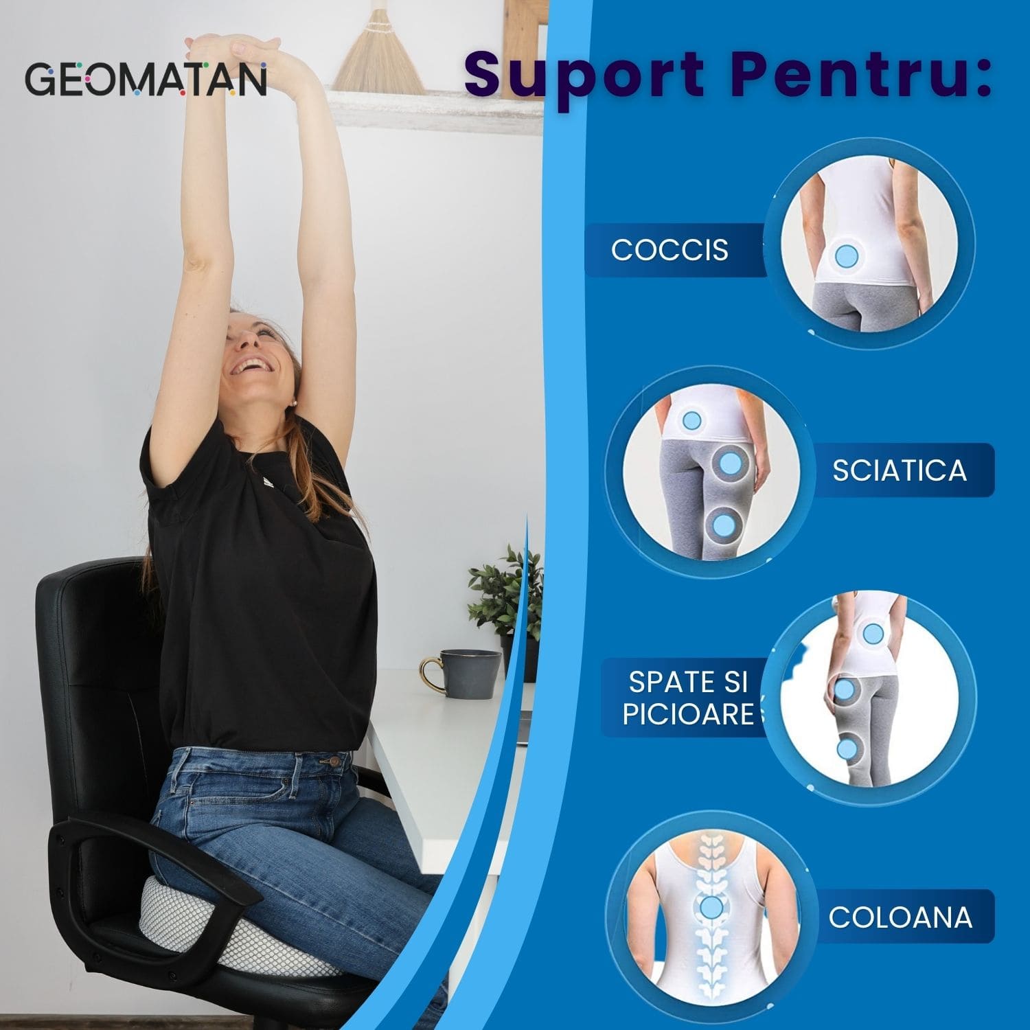 Pernă ortopedică șezut GEOMATAN®, Spumă cu memorie Premium, pentru scaun de birou sau mașină, confort Coccis, Husă respirabilă și antialunecare, zona Lombară, Sciatică, Dureri de sold, Hemoroizi, până la 120 kg, 46x38x8 cm, Gri cenușiu - imagine 9