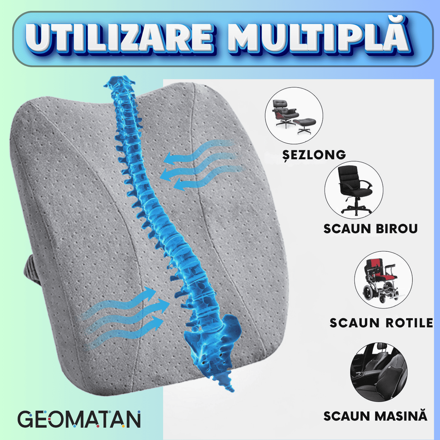 Pernă Lombară Ergonomică GEOMATAN®, Spumă cu Memorie, Dimensiune și Suport Ideale pentru Spate, Aliniere Corectă a Coloanei, Confort pentru Birou, Auto, Husă Lavabilă, Materiale Premium, Design Ajustabil, Prevenire Dureri Lombare și Tensiune - imagine 8