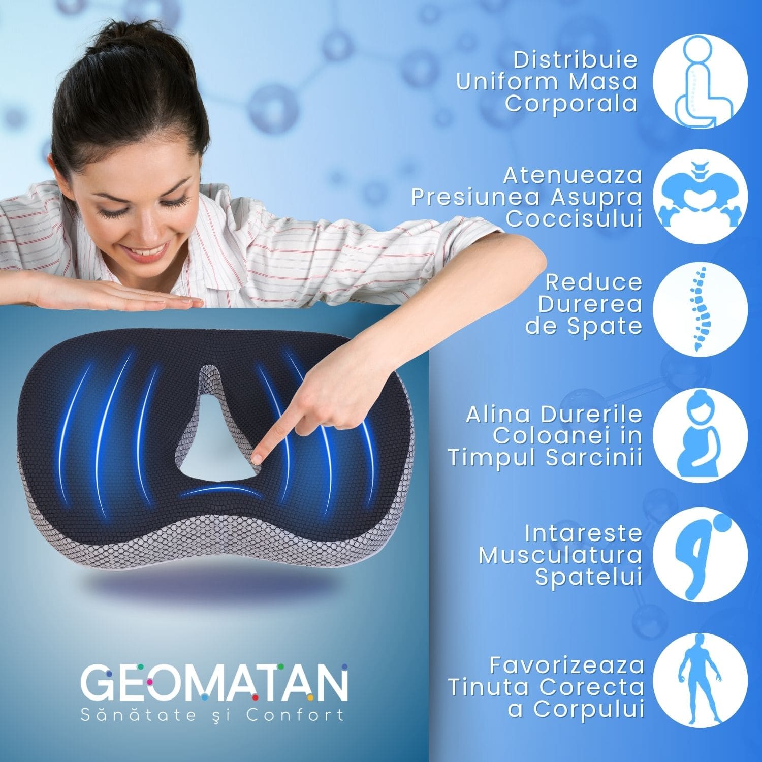 Pernă ortopedică șezut GEOMATAN®, Spumă cu memorie Premium, pentru scaun de birou sau mașină, confort Coccis, Husă respirabilă și antialunecare, zona Lombară, Sciatică, Dureri de sold, Hemoroizi, până la 120 kg, 46x38x8 cm, Gri cenușiu - imagine 7