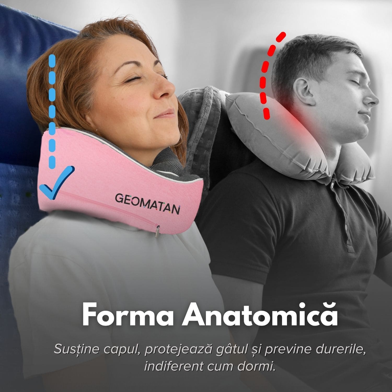 Perna de călătorie pentru gât, Cadou 3 accesorii, Sac de transport impermeabil, Dopuri de urechi, Mască de dormit 3D, utilă în Avion și Mașină, din Spumă cu memorie, Husă respirabilă, Alungă durerea cervicală, Mărime ajustabilă - imagine 7