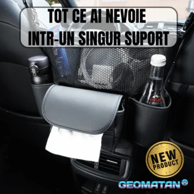 Organizator auto multifuncțional GEOMATAN®, din Piele, 6 compartimente depozitare, montare între scaune, suport pentru băuturi, buzunar șervețele, compartiment geantă, compatibil cu orice mașină, instalare ușoară, previne pierderea obiectelor, negru