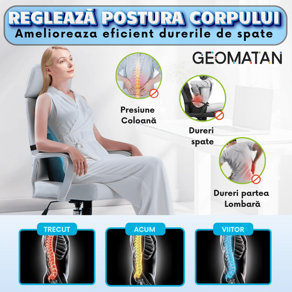 Pernă Lombară Ergonomică GEOMATAN®, Spumă cu Memorie, Dimensiune și Suport Ideale pentru Spate, Aliniere Corectă a Coloanei, Confort pentru Birou, Auto, Husă Lavabilă, Materiale Premium, Design Ajustabil, Prevenire Dureri Lombare și Tensiune - imagine 3