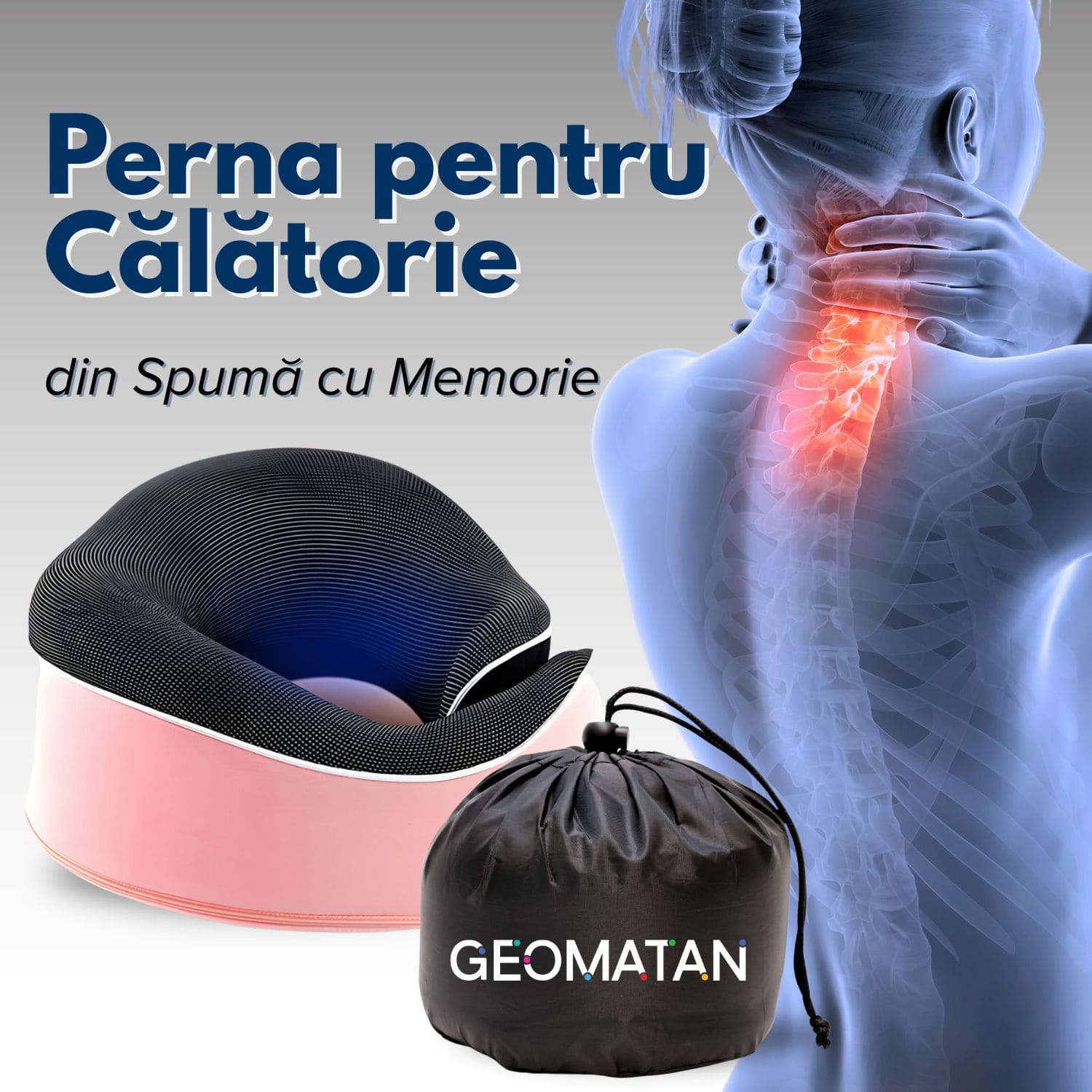Perna de călătorie pentru gât, Cadou 3 accesorii, Sac de transport impermeabil, Dopuri de urechi, Mască de dormit 3D, utilă în Avion și Mașină, din Spumă cu memorie, Husă respirabilă, Alungă durerea cervicală, Mărime ajustabilă - imagine 2