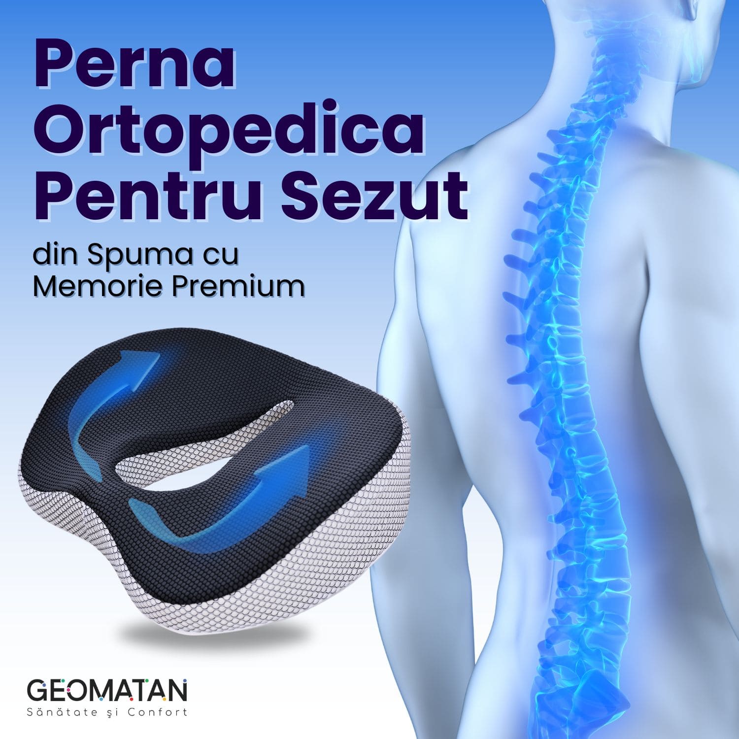 Pernă ortopedică șezut GEOMATAN®, Spumă cu memorie Premium, pentru scaun de birou sau mașină, confort Coccis, Husă respirabilă și antialunecare, zona Lombară, Sciatică, Dureri de sold, Hemoroizi, până la 120 kg, 46x38x8 cm, Gri cenușiu - imagine 2