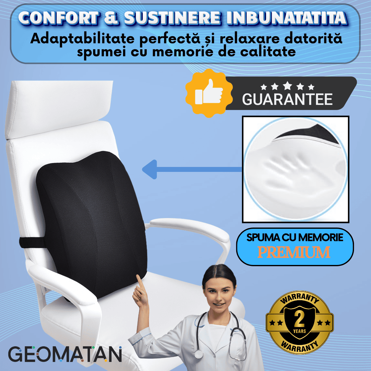 Pernă Lombară Ergonomică GEOMATAN®, Spumă cu Memorie, Dimensiune și Suport Ideale pentru Spate, Aliniere Corectă a Coloanei, Confort pentru Birou, Auto, Husă Lavabilă, Materiale Premium, Design Ajustabil, Prevenire Dureri Lombare și Tensiune - imagine 5