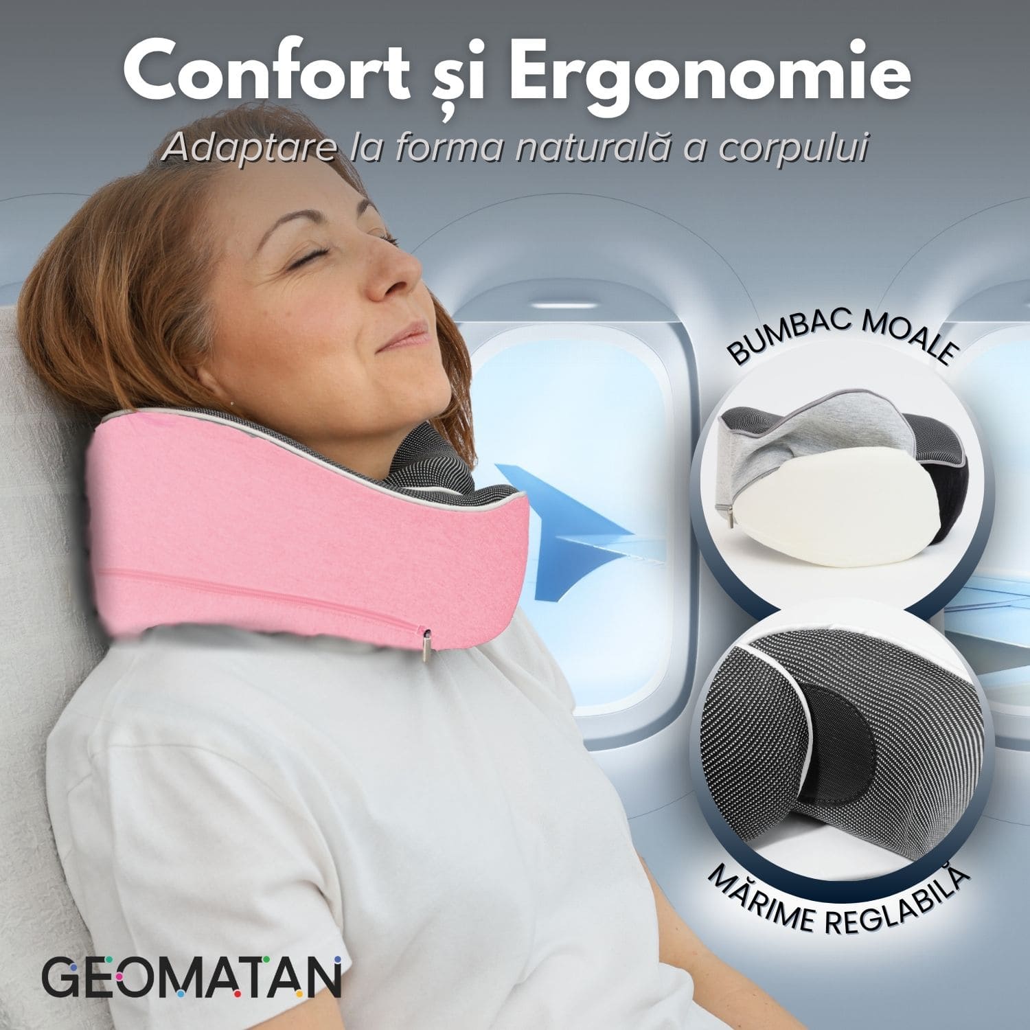 Perna de călătorie pentru gât, Cadou 3 accesorii, Sac de transport impermeabil, Dopuri de urechi, Mască de dormit 3D, utilă în Avion și Mașină, din Spumă cu memorie, Husă respirabilă, Alungă durerea cervicală, Mărime ajustabilă - imagine 3