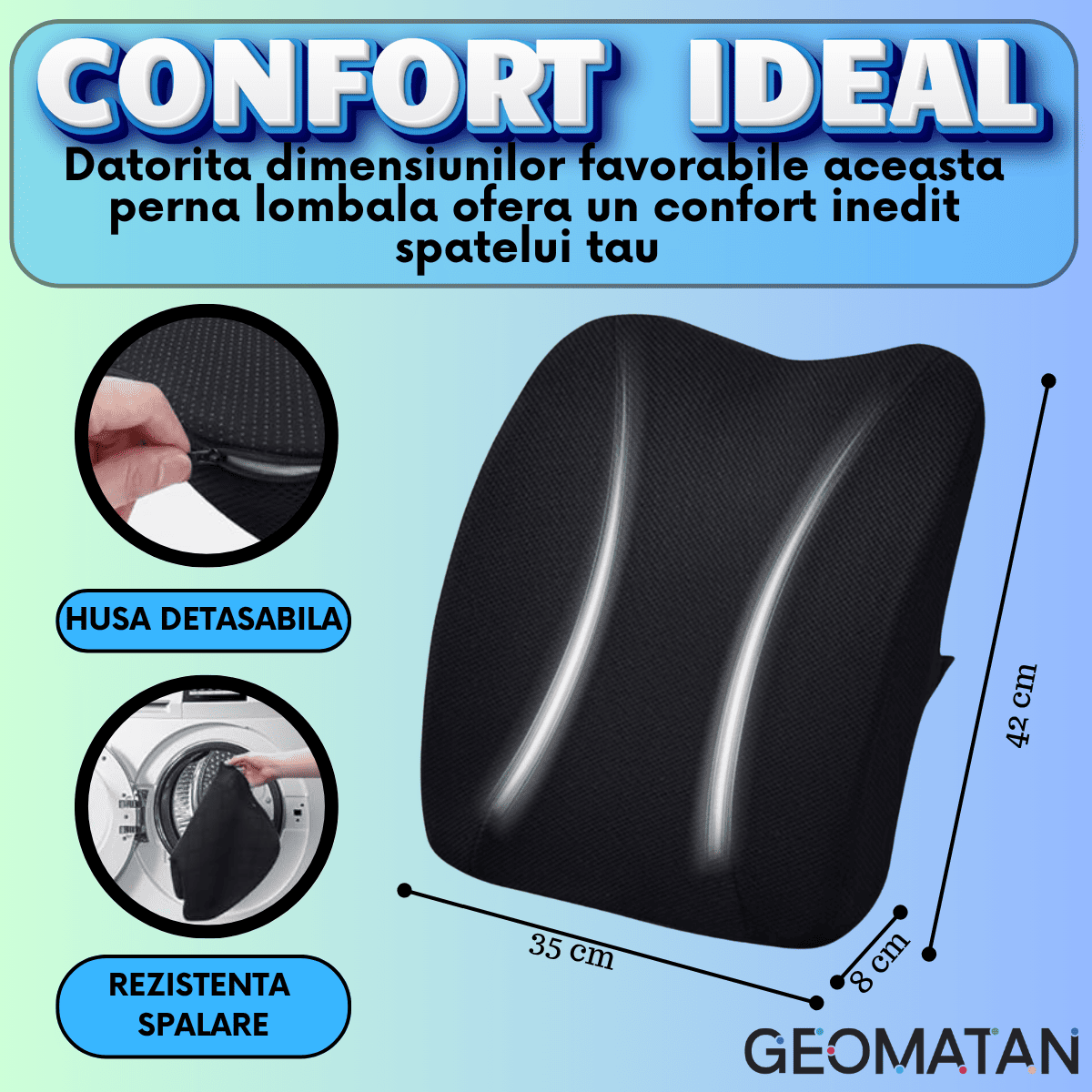 Pernă Lombară Ergonomică GEOMATAN®, Spumă cu Memorie, Dimensiune și Suport Ideale pentru Spate, Aliniere Corectă a Coloanei, Confort pentru Birou, Auto, Husă Lavabilă, Materiale Premium, Design Ajustabil, Prevenire Dureri Lombare și Tensiune - imagine 7