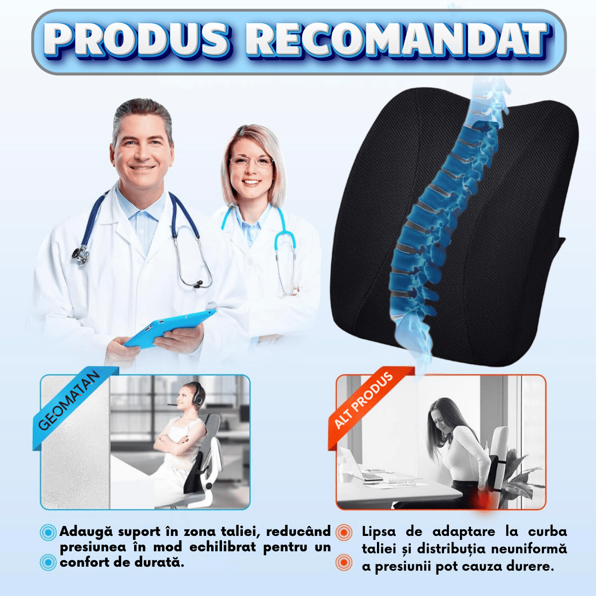 Pernă Lombară Ergonomică GEOMATAN®, Spumă cu Memorie, Dimensiune și Suport Ideale pentru Spate, Aliniere Corectă a Coloanei, Confort pentru Birou, Auto, Husă Lavabilă, Materiale Premium, Design Ajustabil, Prevenire Dureri Lombare și Tensiune - imagine 10