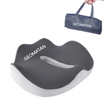 Pernă ortopedică șezut GEOMATAN®, cu suport complet, până la 100 kg, din spumă cu memorie Premim, pentru scaun birou / mașină, confort Coccis, Husă respirabilă și antialunecare, zona Lombară, Sciatică, Dureri de sold, Hemoroizi, 42x36x7/11cm