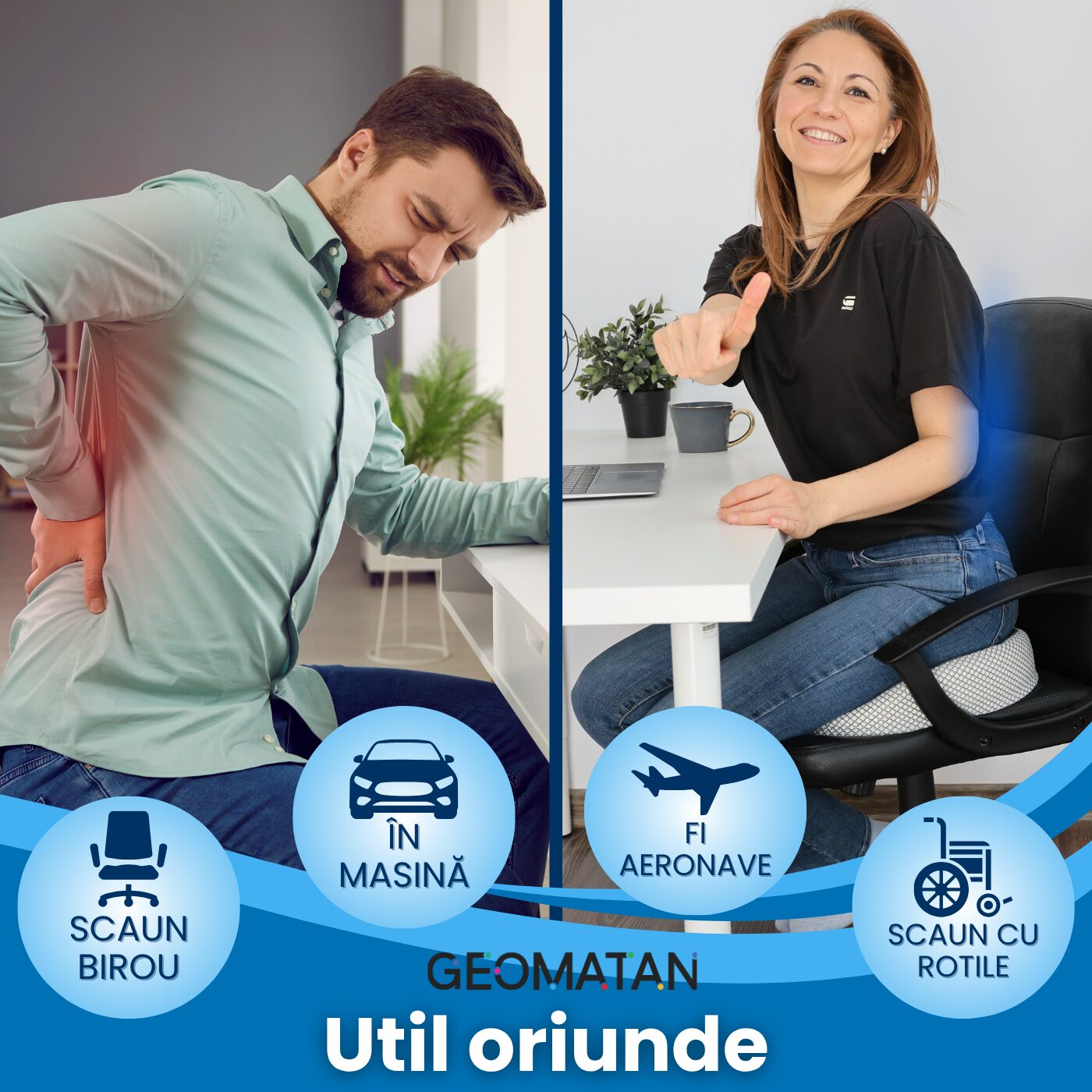Pernă ortopedică șezut GEOMATAN®, cu suport complet, până la 100 kg, din spumă cu memorie Premim, pentru scaun birou / mașină, confort Coccis, Husă respirabilă și antialunecare, zona Lombară, Sciatică, Dureri de sold, Hemoroizi, 42x36x7/11cm - imagine 5