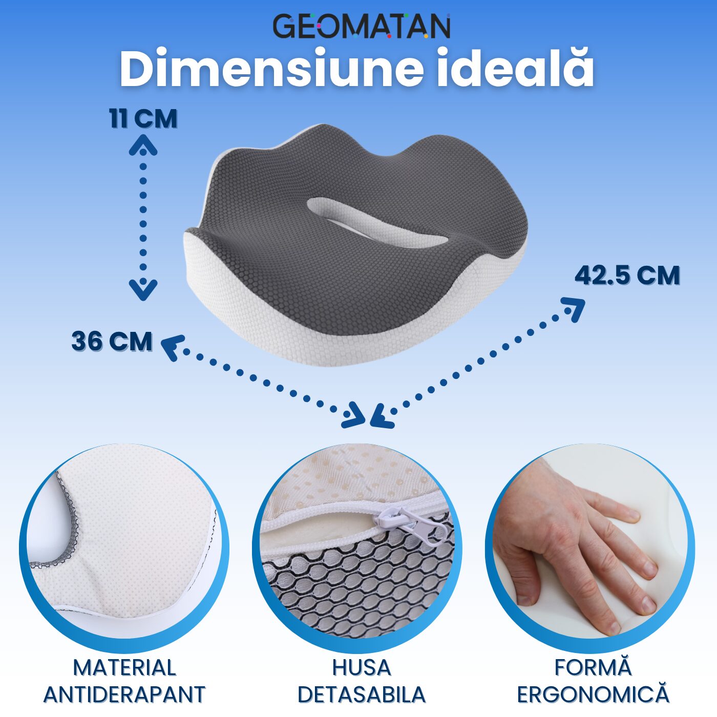 Pernă ortopedică șezut GEOMATAN®, cu suport complet, până la 100 kg, din spumă cu memorie Premim, pentru scaun birou / mașină, confort Coccis, Husă respirabilă și antialunecare, zona Lombară, Sciatică, Dureri de sold, Hemoroizi, 42x36x7/11cm - imagine 8