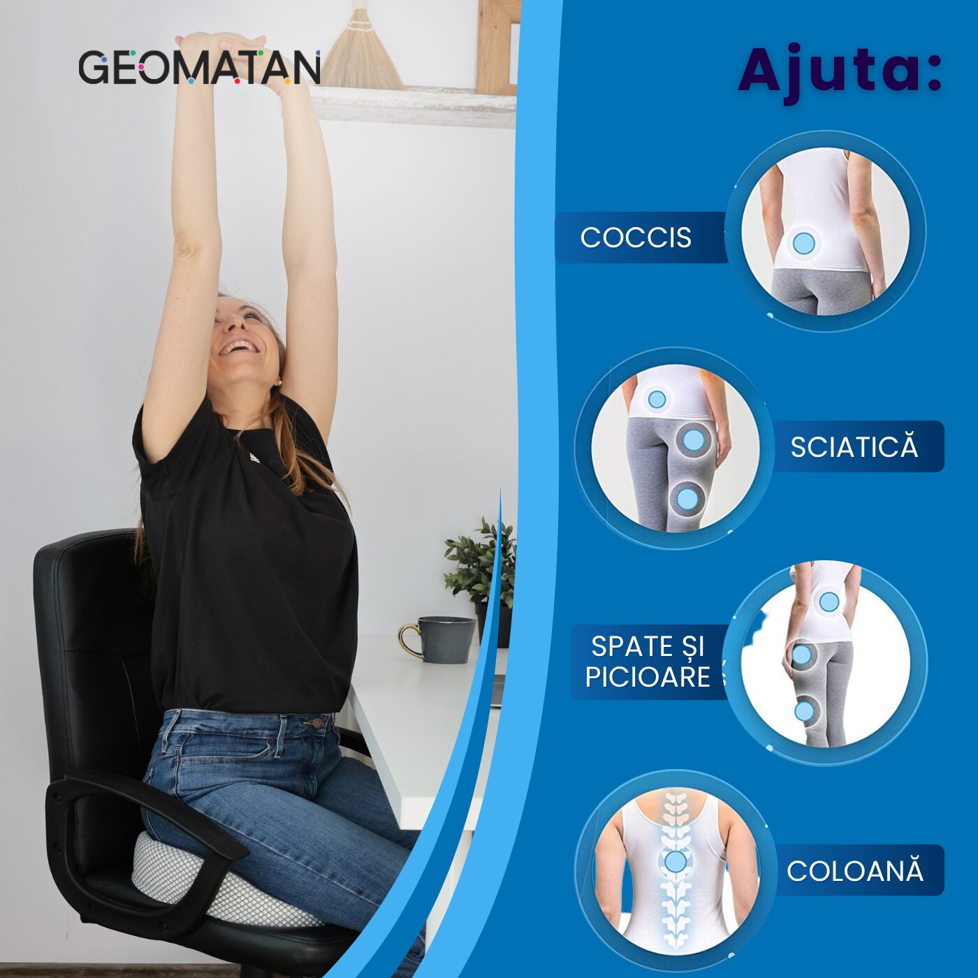 Pernă ortopedică șezut GEOMATAN®, cu suport complet, până la 100 kg, din spumă cu memorie Premim, pentru scaun birou / mașină, confort Coccis, Husă respirabilă și antialunecare, zona Lombară, Sciatică, Dureri de sold, Hemoroizi, 42x36x7/11cm - imagine 6