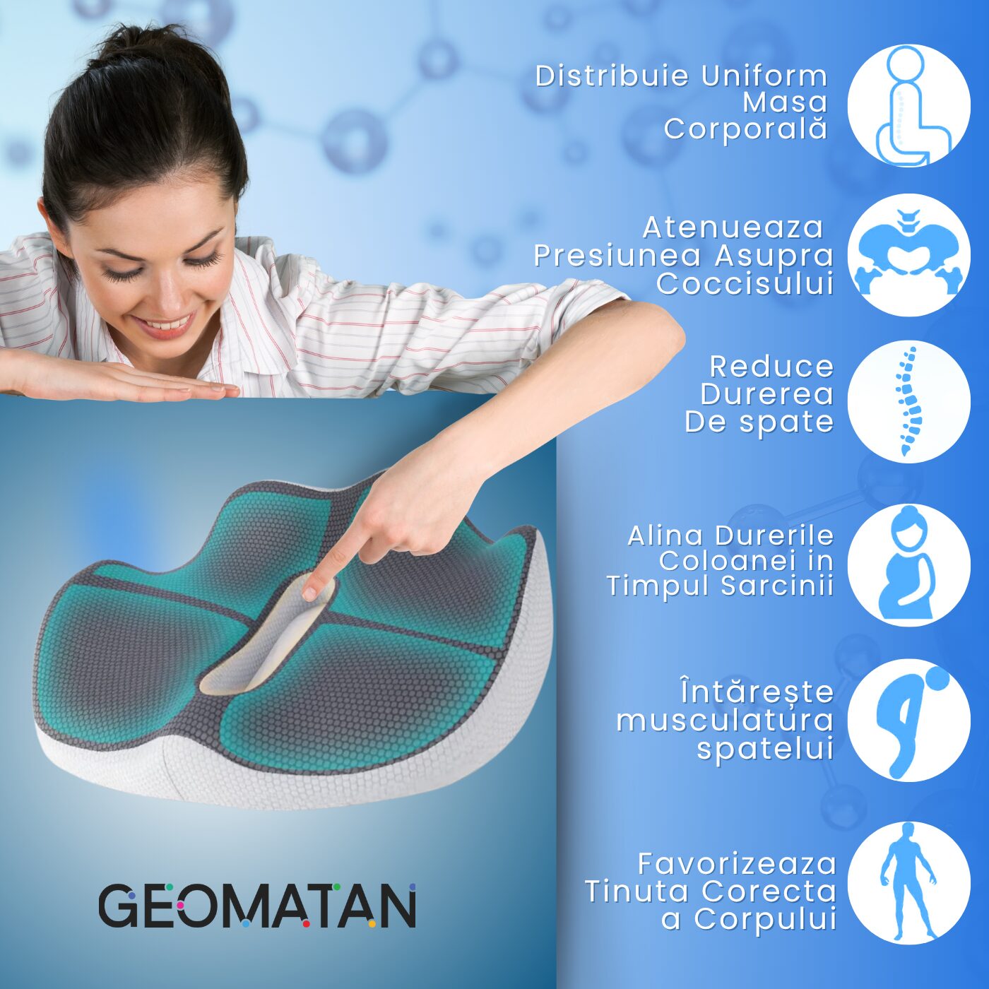 Pernă ortopedică șezut GEOMATAN®, cu suport complet, până la 100 kg, din spumă cu memorie Premim, pentru scaun birou / mașină, confort Coccis, Husă respirabilă și antialunecare, zona Lombară, Sciatică, Dureri de sold, Hemoroizi, 42x36x7/11cm - imagine 9