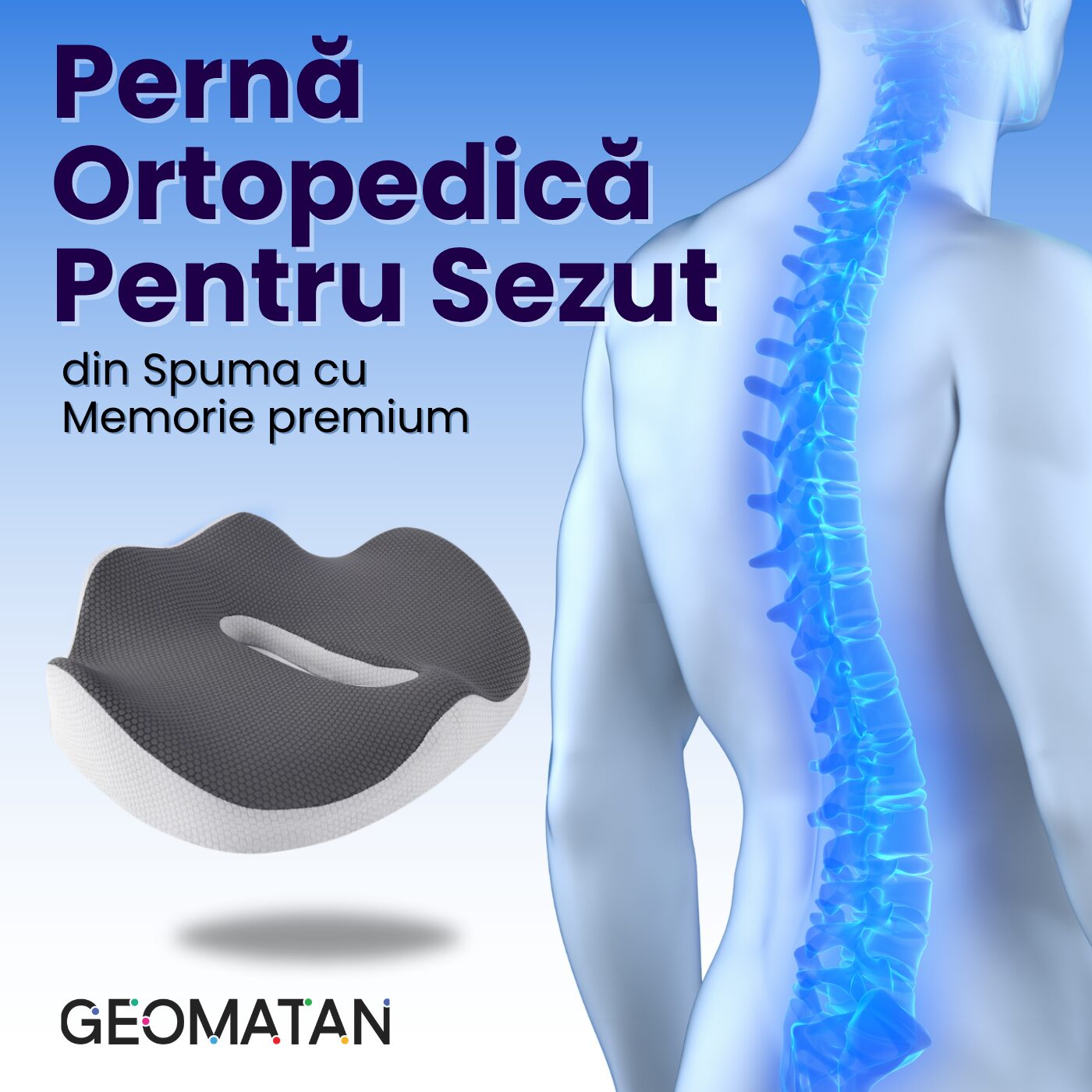 Pernă ortopedică șezut GEOMATAN®, cu suport complet, până la 100 kg, din spumă cu memorie Premim, pentru scaun birou / mașină, confort Coccis, Husă respirabilă și antialunecare, zona Lombară, Sciatică, Dureri de sold, Hemoroizi, 42x36x7/11cm - imagine 2