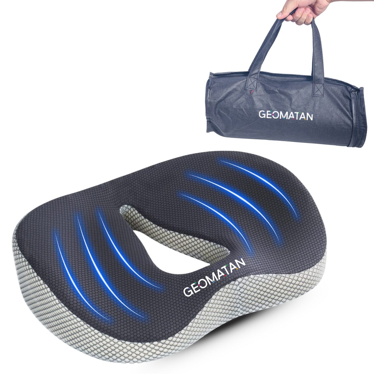 Pernă ortopedică șezut GEOMATAN®, Spumă cu memorie Premium, pentru scaun de birou sau mașină, confort Coccis, Husă respirabilă și antialunecare, zona Lombară, Sciatică, Dureri de sold, Hemoroizi, până la 120 kg, 46x38x8 cm, Gri cenușiu