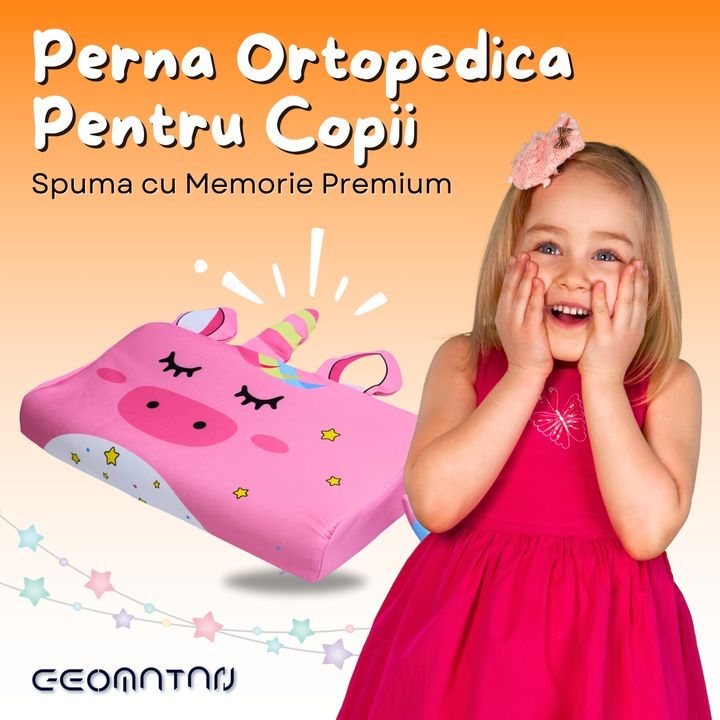 Perna pentru copii, din spuma cu memorie Premium, Husa hipoalergenica, respirabila, personaj Pink Unicorn, Toddler 2+ Ani - imagine 2