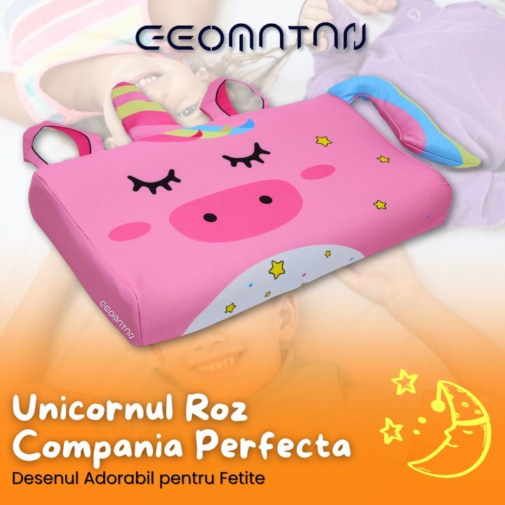 Perna pentru copii, din spuma cu memorie Premium, Husa hipoalergenica, respirabila, personaj Pink Unicorn, Toddler 2+ Ani - imagine 3