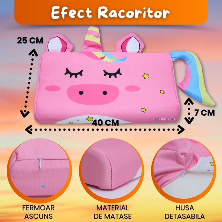 Perna pentru copii, din spuma cu memorie Premium, Husa hipoalergenica, respirabila, personaj Pink Unicorn, Toddler 2+ Ani - imagine 5