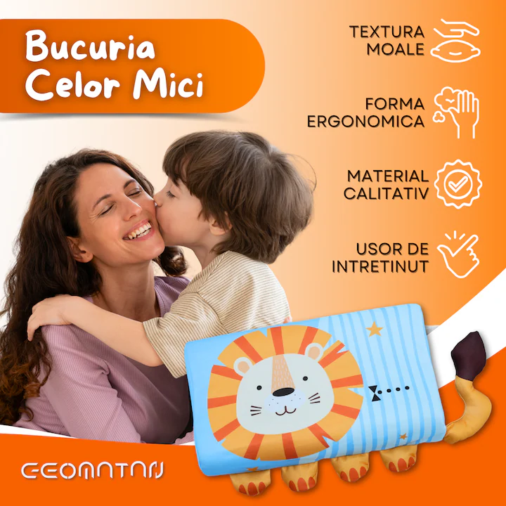 Perna pentru copii, din spuma cu memorie, ergonomica, husa antialergica si respirabila, cu 2 inaltimi si suport pentru gat, personaj blue lion, 2-10 Ani - imagine 3