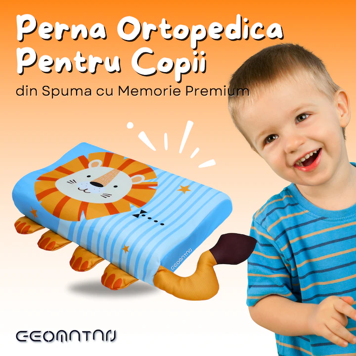 Perna pentru copii, din spuma cu memorie, ergonomica, husa antialergica si respirabila, cu 2 inaltimi si suport pentru gat, personaj blue lion, 2-10 Ani - imagine 2