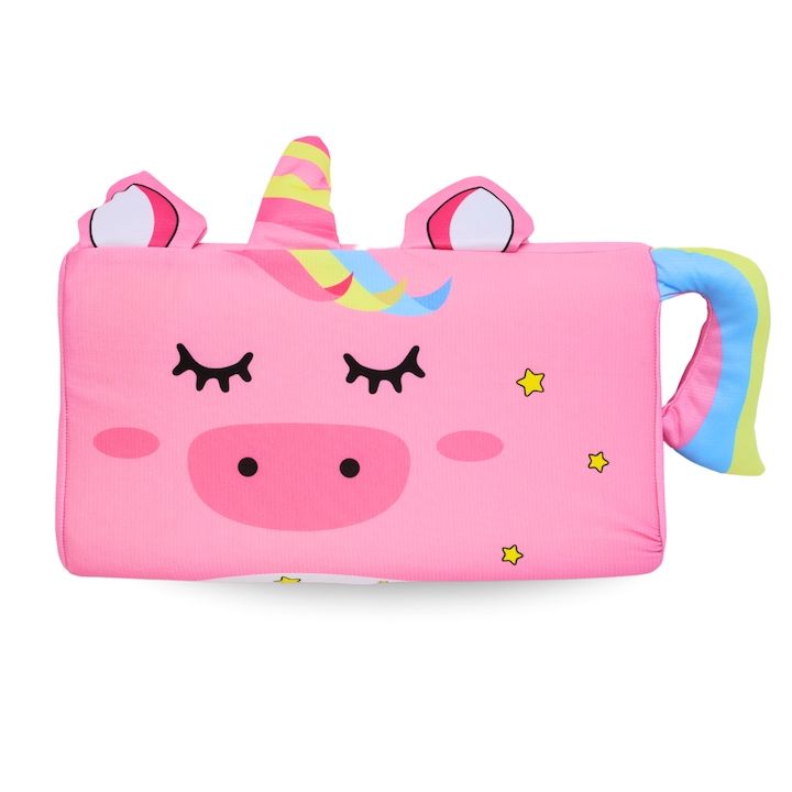 Perna pentru copii, din spuma cu memorie Premium, Husa hipoalergenica, respirabila, personaj Pink Unicorn, Toddler 2+ Ani