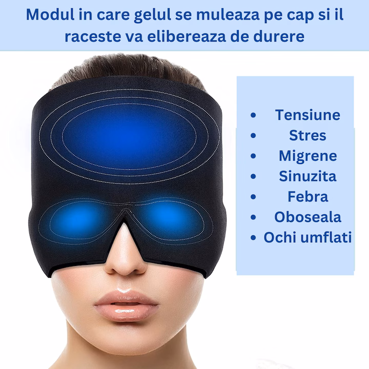 Mască pentru migrene, dureri de cap, febră, calmare sinusuri, migrene, conține GEL pentru terapie rece sau caldă, acoperire 360°, mărime universală, negru mat - imagine 6