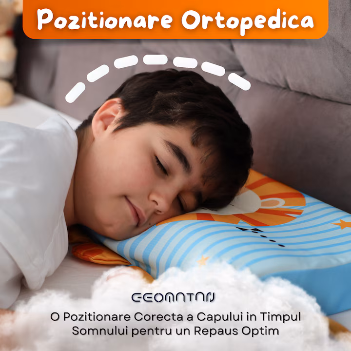 Perna pentru copii, din spuma cu memorie, ergonomica, husa antialergica si respirabila, cu 2 inaltimi si suport pentru gat, personaj blue lion, 2-10 Ani - imagine 7