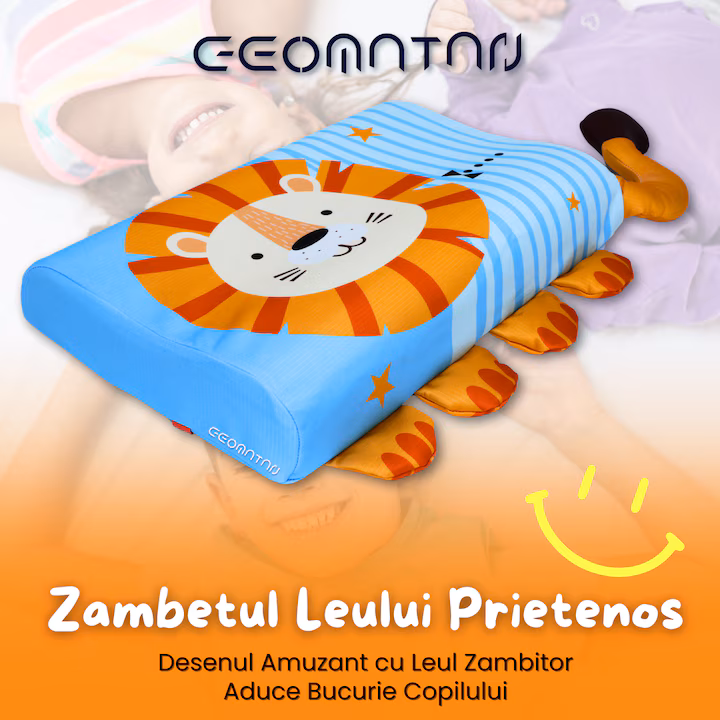 Perna pentru copii, din spuma cu memorie, ergonomica, husa antialergica si respirabila, cu 2 inaltimi si suport pentru gat, personaj blue lion, 2-10 Ani - imagine 4