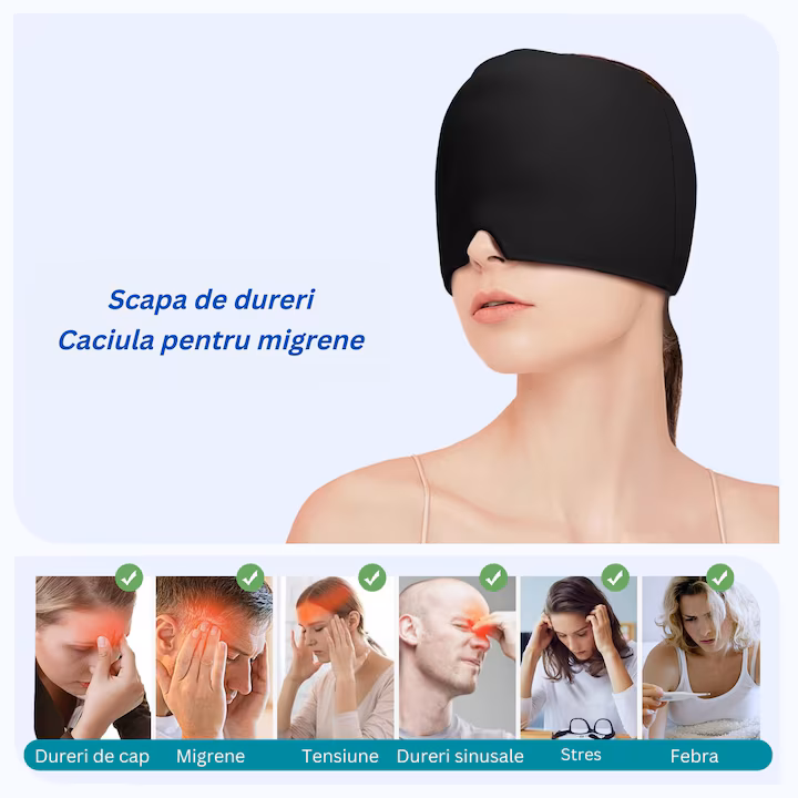 Mască pentru migrene, dureri de cap, febră, calmare sinusuri, migrene, conține GEL pentru terapie rece sau caldă, acoperire 360°, mărime universală, negru mat - imagine 3