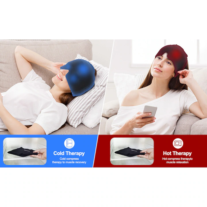Mască pentru migrene, dureri de cap, febră, calmare sinusuri, migrene, conține GEL pentru terapie rece sau caldă, acoperire 360°, mărime universală, negru mat - imagine 7