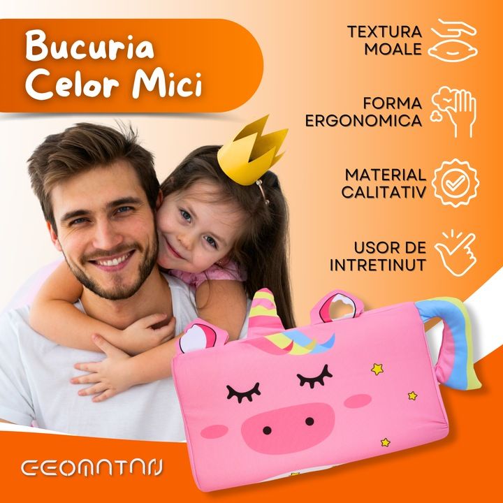 Perna pentru copii, din spuma cu memorie Premium, Husa hipoalergenica, respirabila, personaj Pink Unicorn, Toddler 2+ Ani - imagine 4