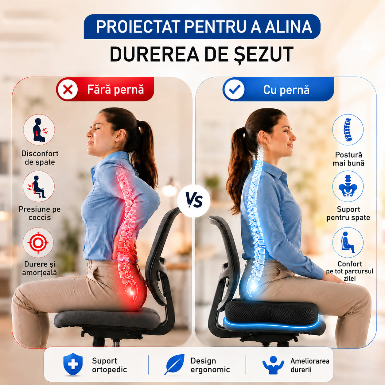 Perna ortopedică șezut GEOMATAN®, spumă cu memorie Premium, până la 100 kg, pentru scaun birou sau mașină, confort Coccis, Husă respirabilă și anti-alunecare, Sciatică, Dureri, Hemoroizi, 45x35x7 cm, Mesh - imagine 3