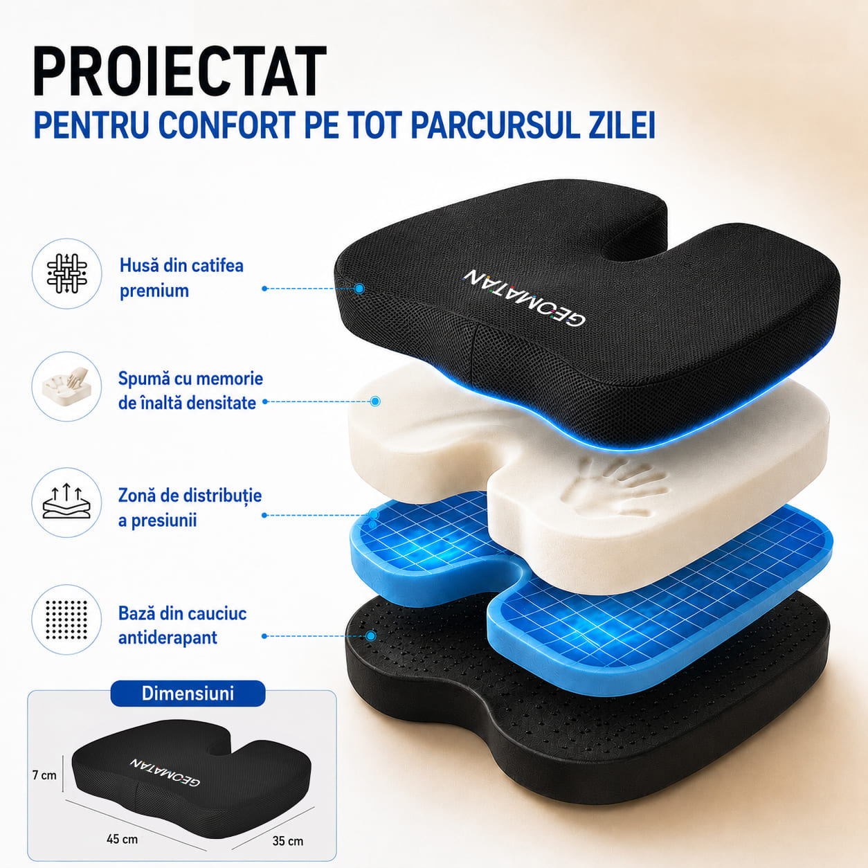 Perna ortopedică șezut GEOMATAN®, spumă cu memorie Premium, până la 100 kg, pentru scaun birou sau mașină, confort Coccis, Husă respirabilă și anti-alunecare, Sciatică, Dureri, Hemoroizi, 45x35x7 cm, Mesh - imagine 6