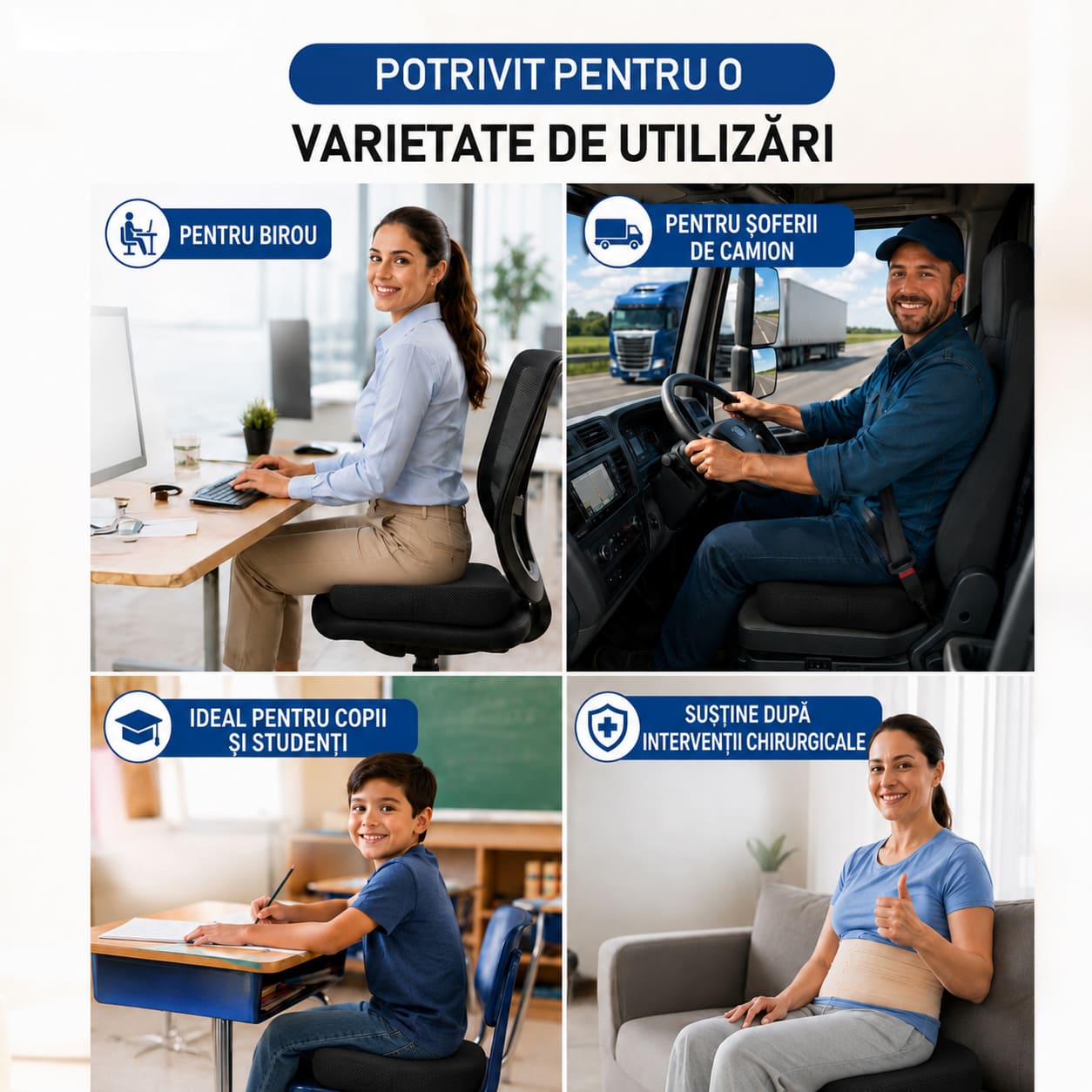 Perna ortopedică șezut GEOMATAN®, spumă cu memorie Premium, până la 100 kg, pentru scaun birou sau mașină, confort Coccis, Husă respirabilă și anti-alunecare, Sciatică, Dureri, Hemoroizi, 45x35x7 cm, Mesh - imagine 5