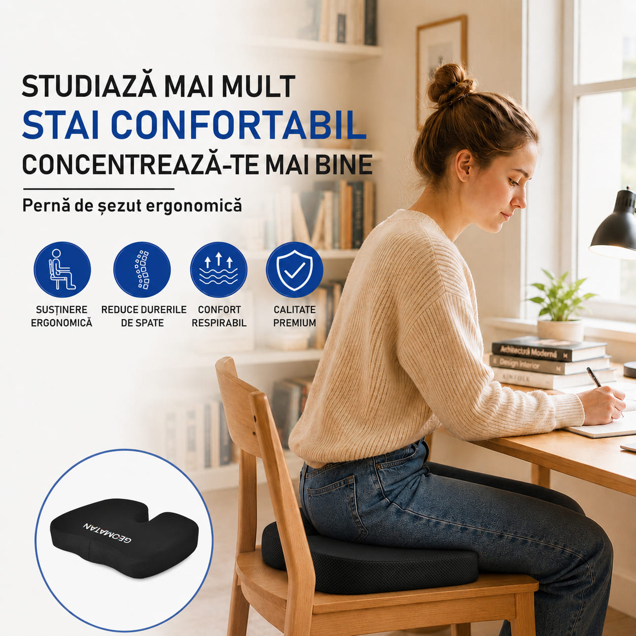 Perna ortopedică șezut GEOMATAN®, spumă cu memorie Premium, până la 100 kg, pentru scaun birou sau mașină, confort Coccis, Husă respirabilă și anti-alunecare, Sciatică, Dureri, Hemoroizi, 45x35x7 cm, Mesh - imagine 7
