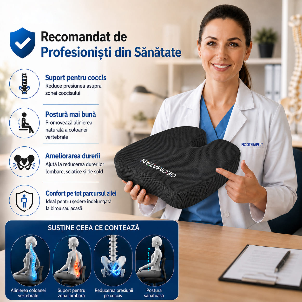 Perna ortopedică șezut GEOMATAN®, spumă cu memorie Premium, până la 100 kg, pentru scaun birou sau mașină, confort Coccis, Husă respirabilă și anti-alunecare, Sciatică, Dureri, Hemoroizi, 45x35x7 cm, Mesh - imagine 4