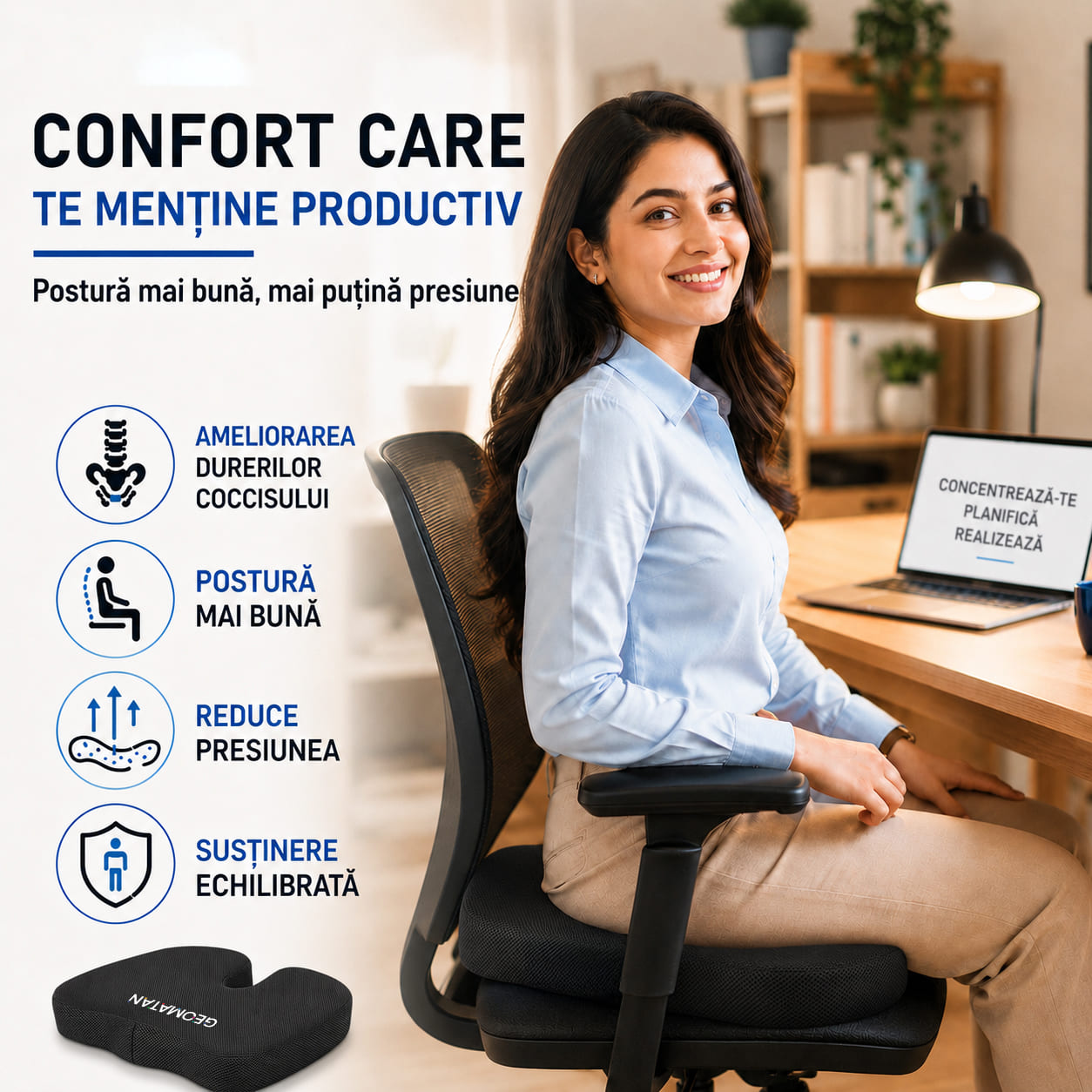 Perna ortopedică șezut GEOMATAN®, spumă cu memorie Premium, până la 100 kg, pentru scaun birou sau mașină, confort Coccis, Husă respirabilă și anti-alunecare, Sciatică, Dureri, Hemoroizi, 45x35x7 cm, Mesh - imagine 8