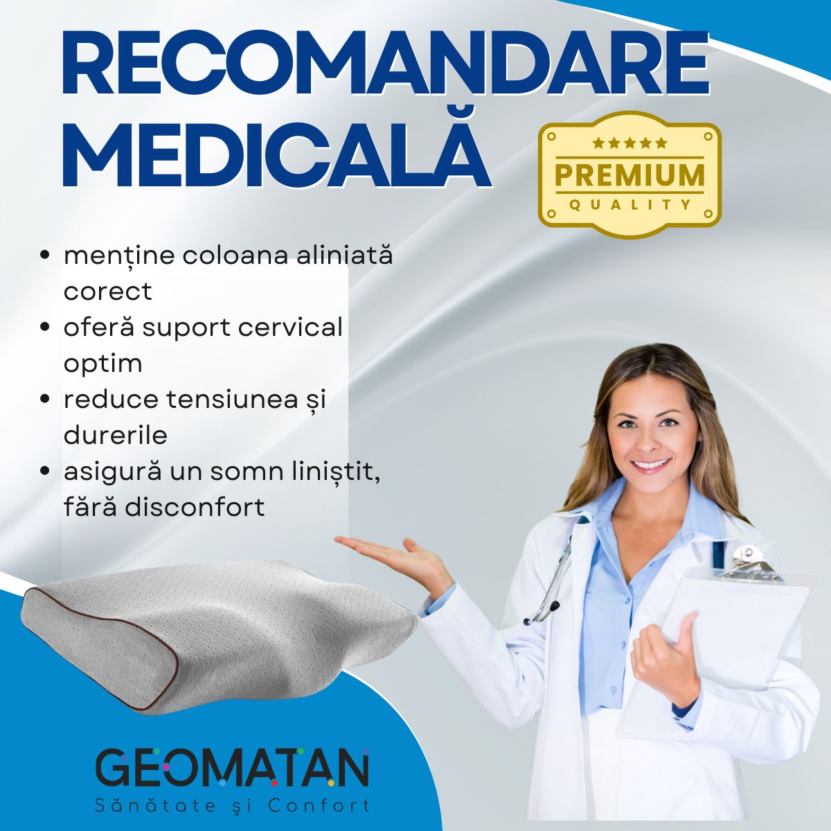 Pernă Ortopedică dormit GEOMATAN®, Spumă cu Memorie, Suport Ergonomic pentru Gât și Coloana, ideală pentru Alinierea Cervicală, Reducerea Durerilor și Tensiunii, Somn Odihnitor și Confortabil, Material Hipoalergenic, Anatomică, Anti-Sforăit, 60x35x11/7 cm - imagine 9