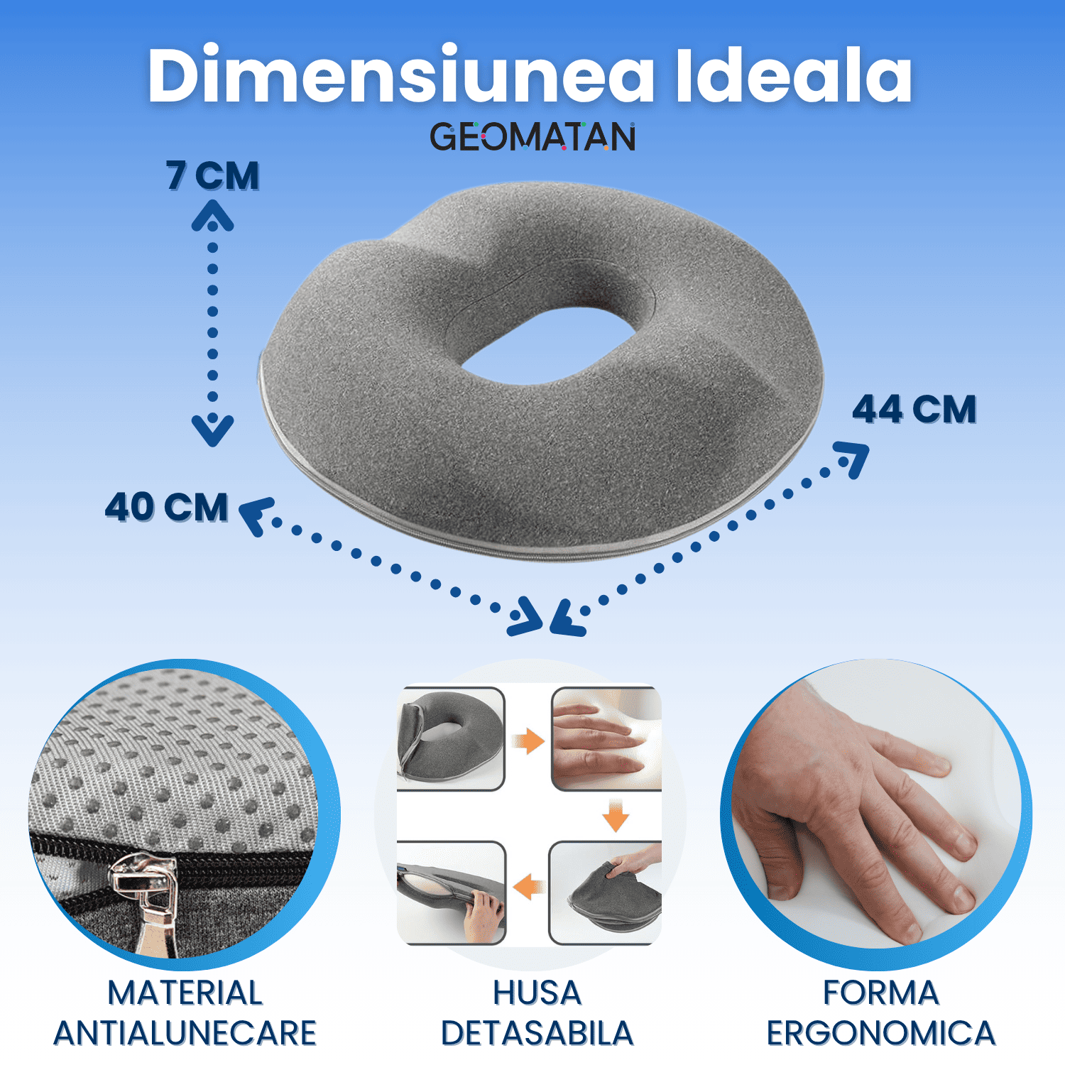 Pernă șezut colac GEOMATAN®, din spumă cu memorie Premium, Ortopedică, Antiescara, Epiziotomie, până la 120 kg, pentru scaun birou sau mașină, confort Coccis, Husă respirabilă și antialunecare, Sciatica, Dureri, Hemoroizi, 44×40×7 cm, Gri - imagine 7