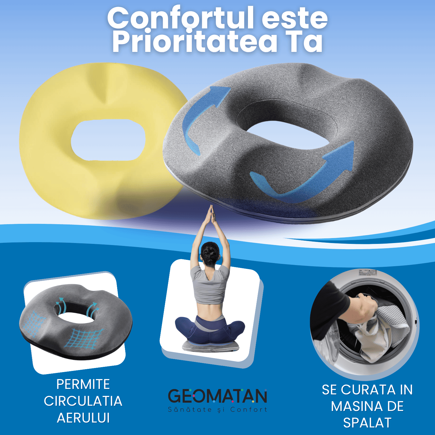 Pernă șezut colac GEOMATAN®, din spumă cu memorie Premium, Ortopedică, Antiescara, Epiziotomie, până la 120 kg, pentru scaun birou sau mașină, confort Coccis, Husă respirabilă și antialunecare, Sciatica, Dureri, Hemoroizi, 44×40×7 cm, Gri - imagine 8