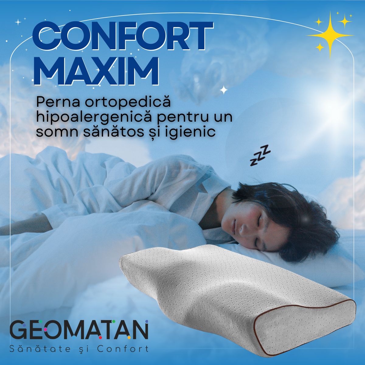 Pernă Ortopedică dormit GEOMATAN®, Spumă cu Memorie, Suport Ergonomic pentru Gât și Coloana, ideală pentru Alinierea Cervicală, Reducerea Durerilor și Tensiunii, Somn Odihnitor și Confortabil, Material Hipoalergenic, Anatomică, Anti-Sforăit, 60x35x11/7 cm - imagine 2