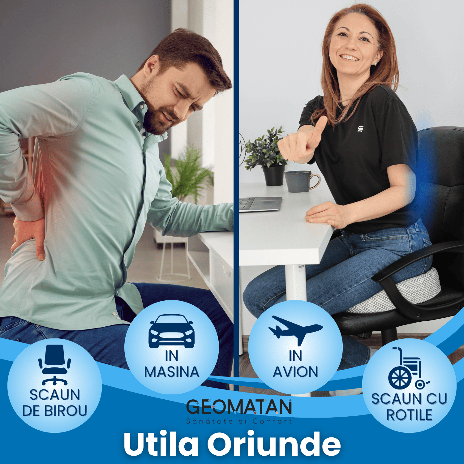 Pernă șezut colac GEOMATAN®, din spumă cu memorie Premium, Ortopedică, Antiescara, Epiziotomie, până la 120 kg, pentru scaun birou sau mașină, confort Coccis, Husă respirabilă și antialunecare, Sciatica, Dureri, Hemoroizi, 44×40×7 cm, Gri - imagine 4